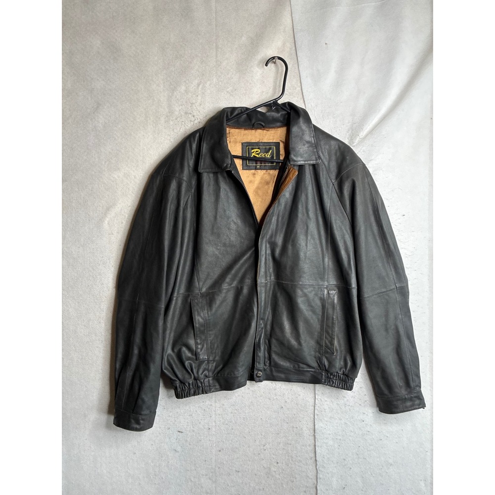 VTG Reed Quality Leathers Mens Black Genuine Leather Bomber Jacket Size M